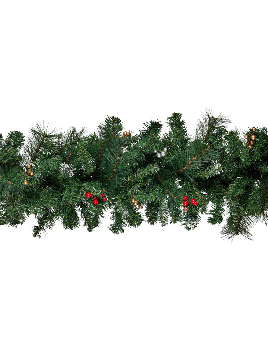 Green Christmas Garland With Red Berries 3 Metre - Close Image