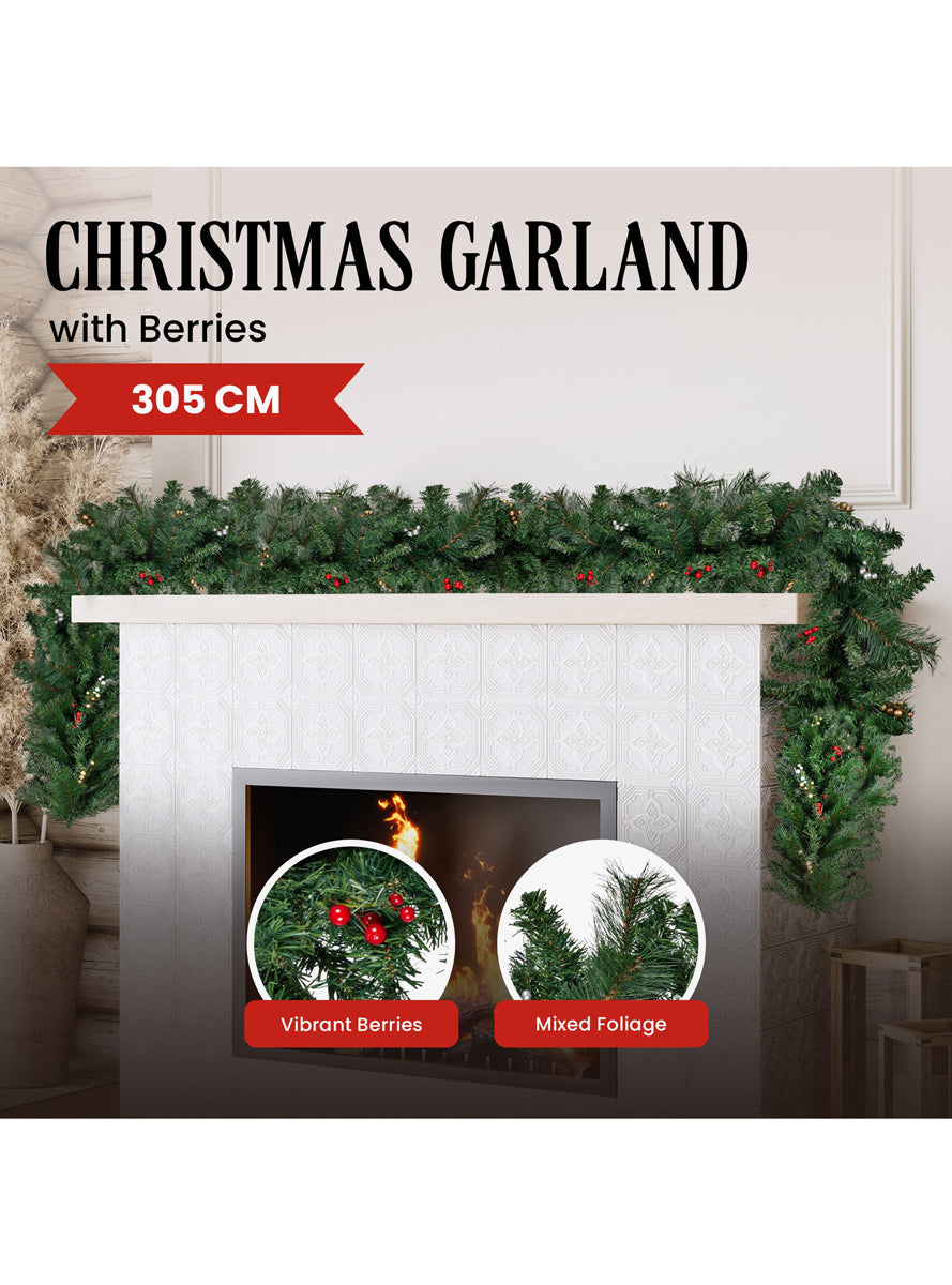 Green Christmas Garland With Red Berries 3 Metre - Dimensions Image
