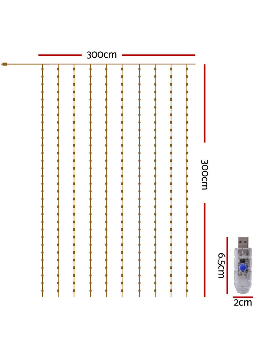 Warm 3 Metre Christmas LED Curtain String Lights - Measurements Image