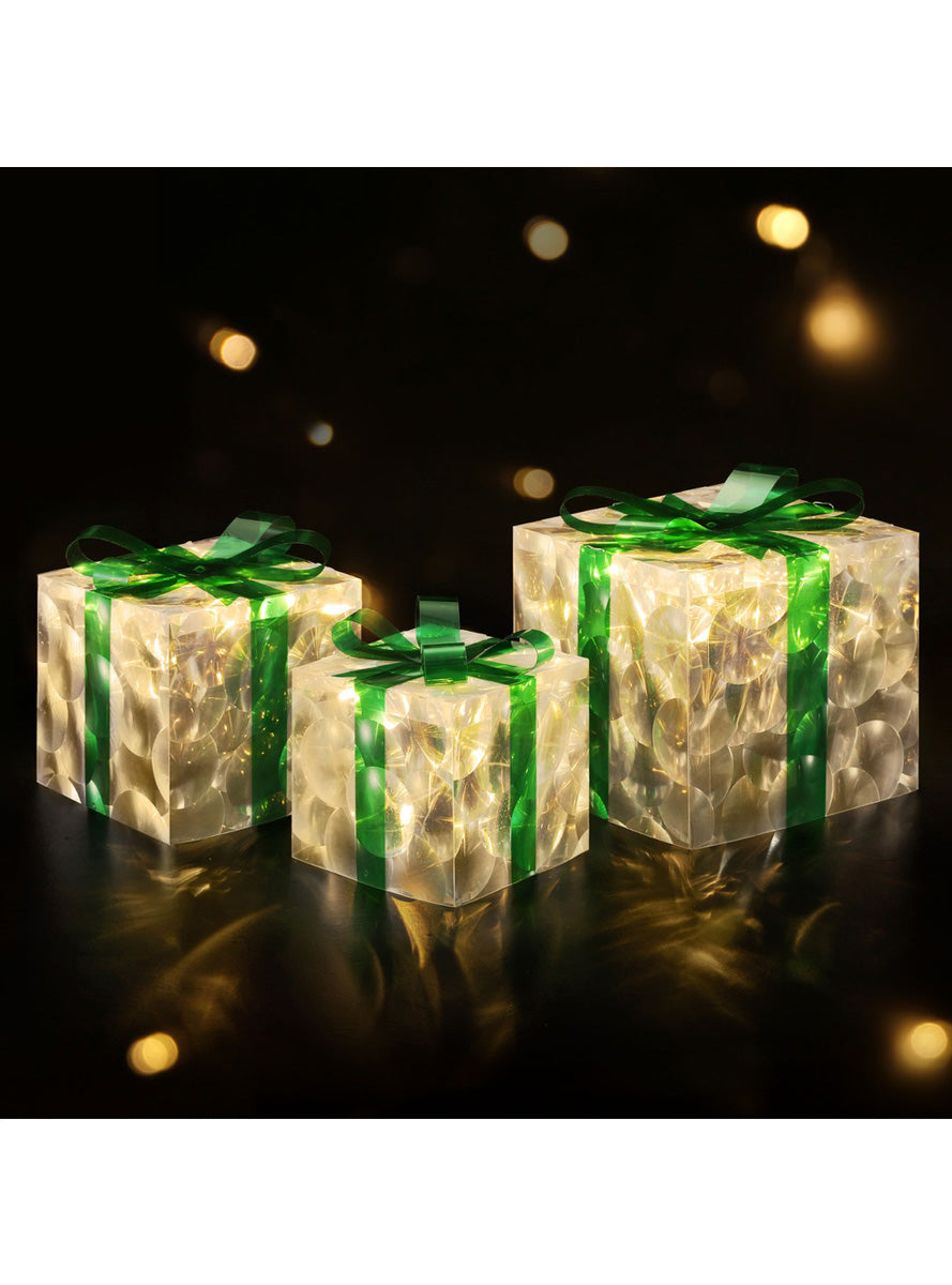 Green and White Light Up Christmas Gift Box Decoration Set 3 Piece - Alternate Image