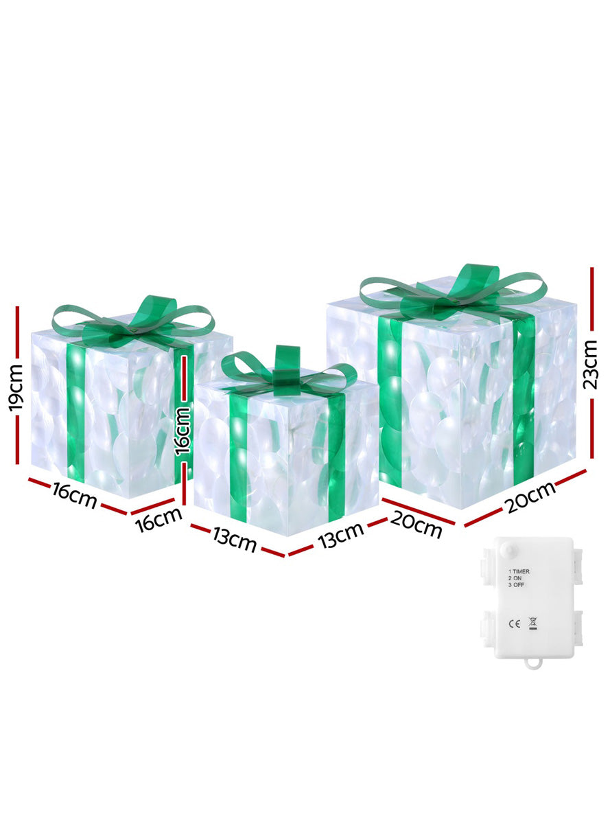 Green and White Light Up Christmas Gift Box Decoration Set 3 Piece - Dimensions Image