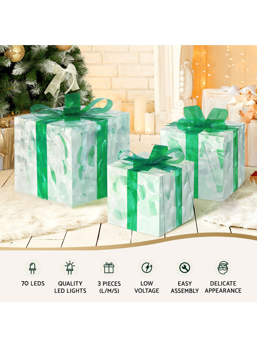 Green and White Light Up Christmas Gift Box Decoration Set 3 Piece - Information Image 1