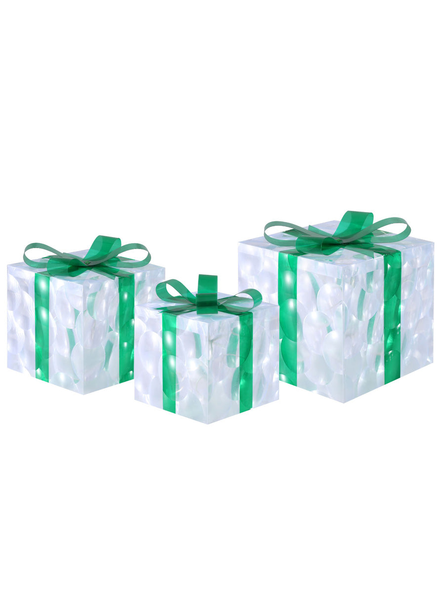 Green and White Light Up Christmas Gift Box Decoration Set 3 Piece - Main Image