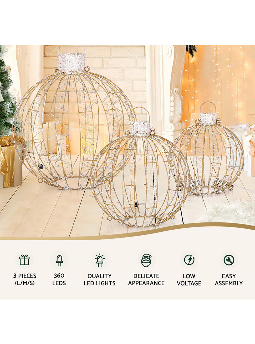 Warm White Golden Christmas Ball Decoration Set 3 Piece - Information Image 1