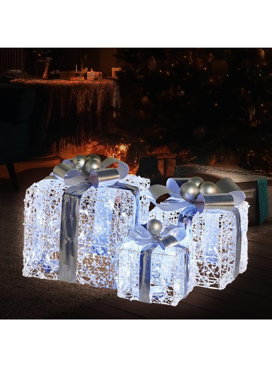 Silver Bow Light Up Christmas Present Decoration Set 3 Piece - Alternate Image