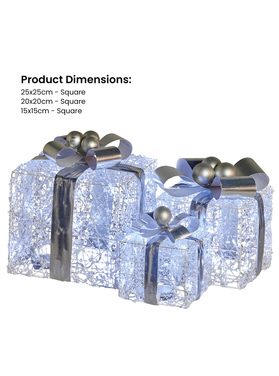 Silver Bow Light Up Christmas Present Decoration Set 3 Piece - Dimensions Image 1