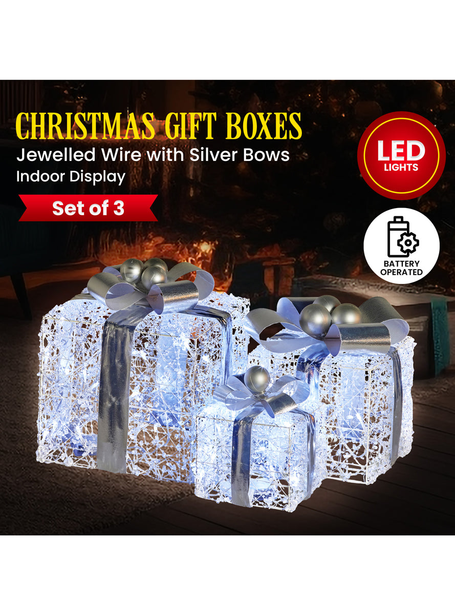 Silver Bow Light Up Christmas Present Decoration Set 3 Piece - Info Image 1