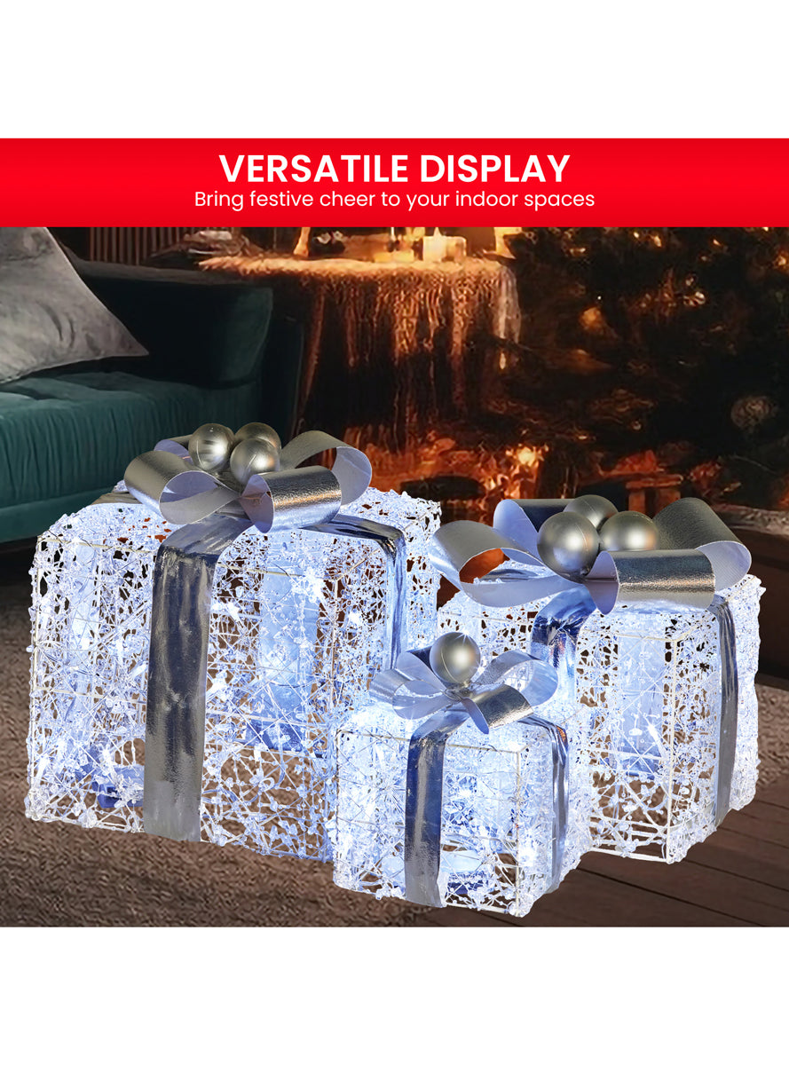 Silver Bow Light Up Christmas Present Decoration Set 3 Piece - Info Image 2