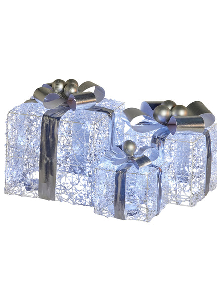 Silver Bow Light Up Christmas Present Decoration Set 3 Piece - Main Image