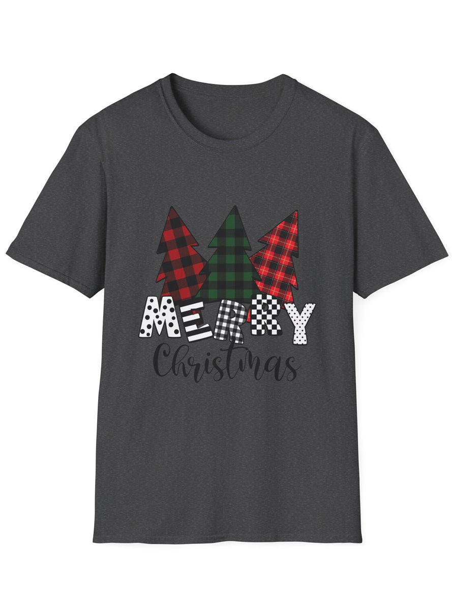 Adults Plus Size Charcoal Xmas T-Shirt with 3 Tartan Print Christmas Trees