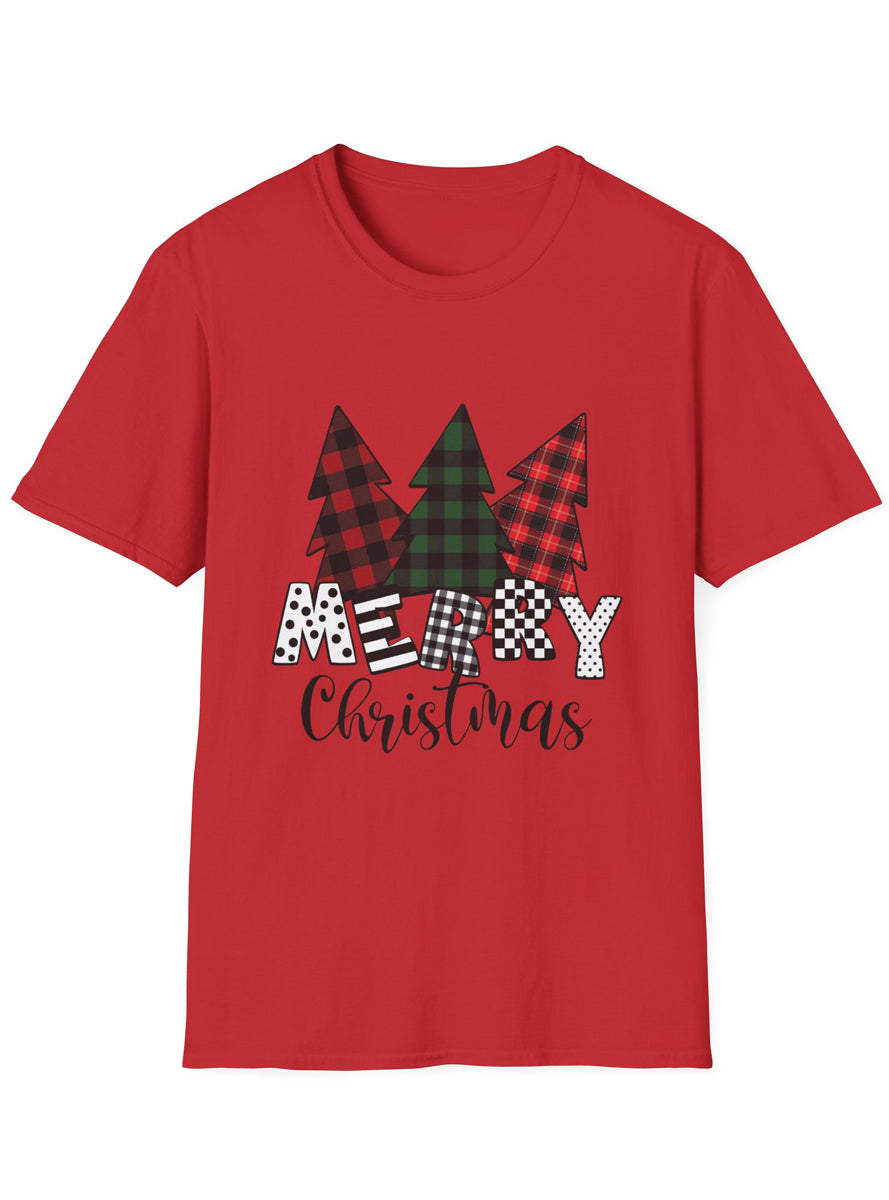 Adults Plus Size Red Xmas T-Shirt with 3 Tartan Print Christmas Trees