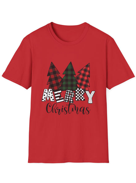 Adults Plus Size Red Xmas T-Shirt with 3 Tartan Print Christmas Trees