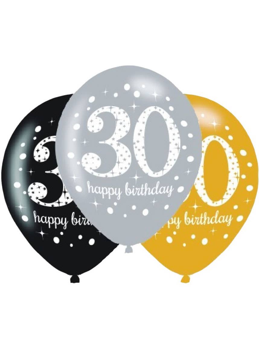 Image of 30th Birthday Black and Gold 6 Pack Party Balloons
