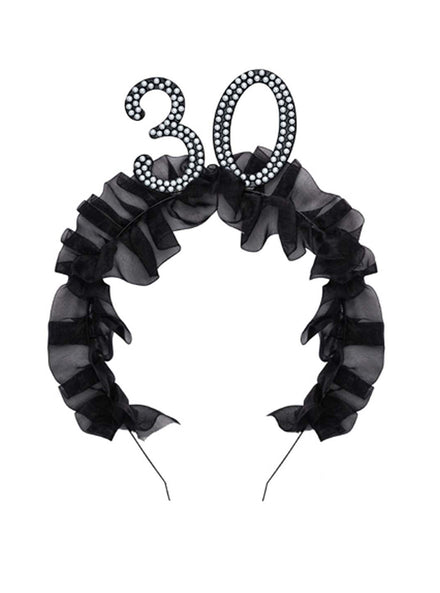 30th Birthday Black Headband With Pearls And Ruffles — Main Image