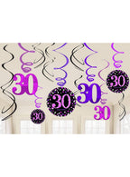 Image of 30th Birthday Pink and Black Hanging Spirals Decoration