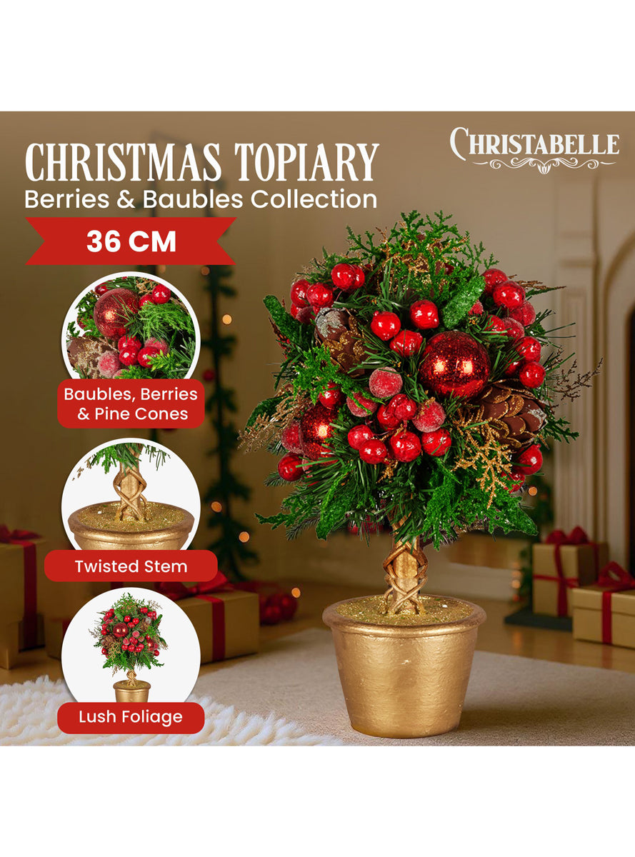 Red Berry And Bauble Decorated Tabletop Topiary Tree Christmas Decoration 36cm - Info Image 1