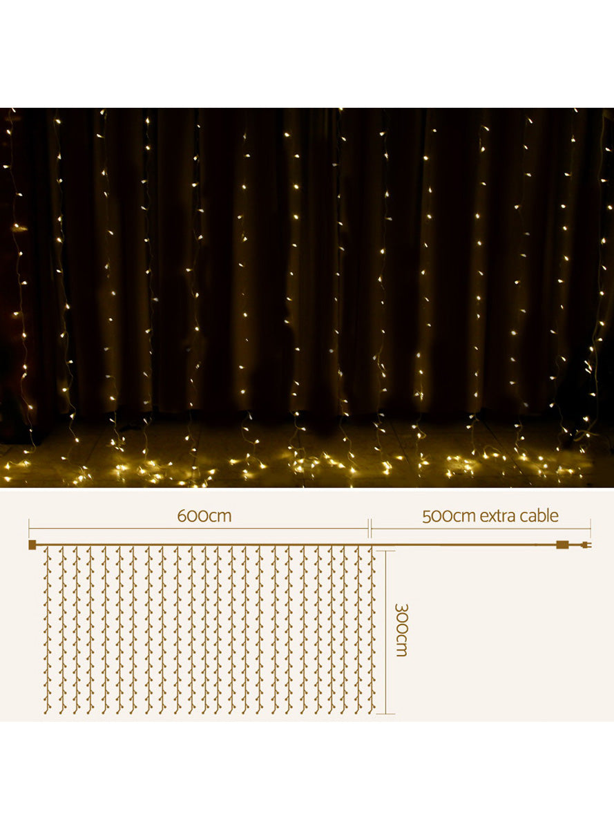 Warm White 600 Bulb Christmas Curtain Lights 3m x 6m - Dimensions Image