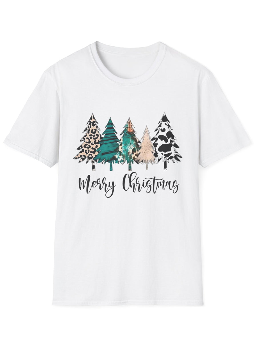 Adults White Christmas T-Shirt with 4 Animal Print Trees