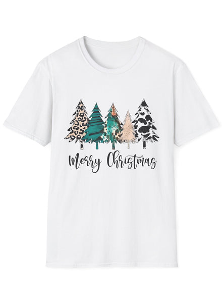 Adults White Christmas T-Shirt with 4 Animal Print Trees