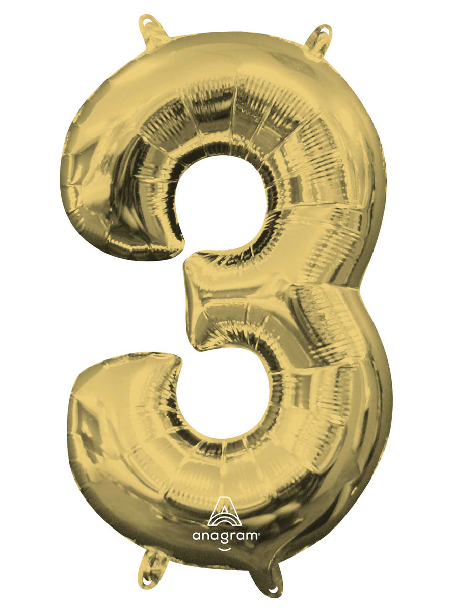 40cm Air Fill White Gold Foil Number 3 Balloon - Main Image