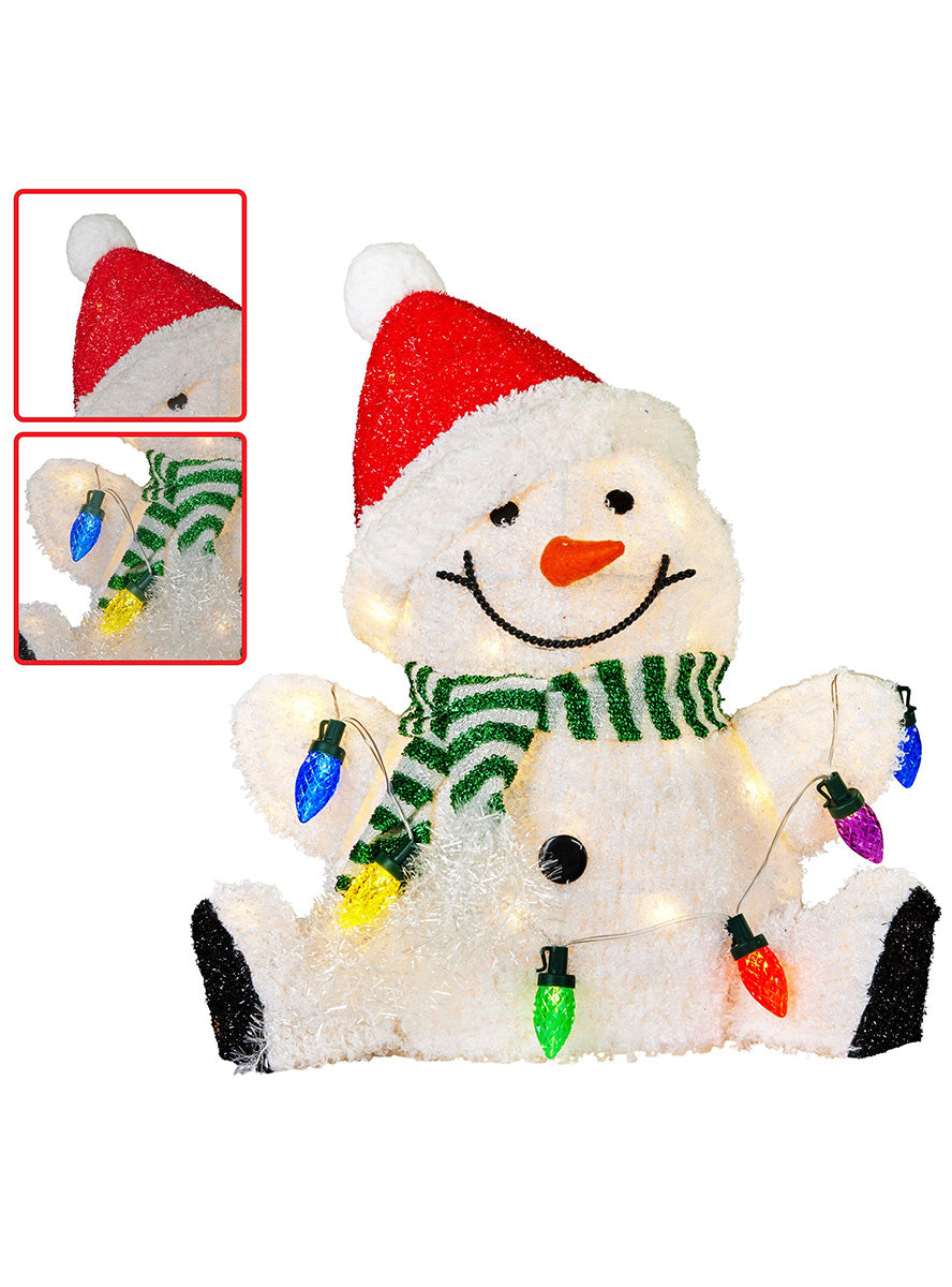 Light Up Christabelle Sitting Snowman Christmas Decoration 40cm - Close Details Image