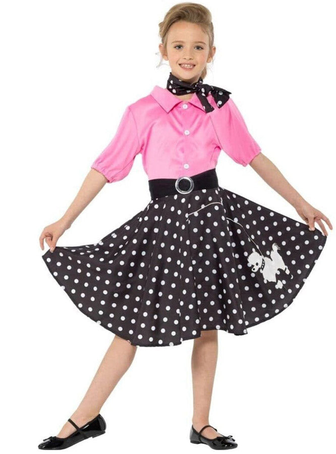 Image of Girls Pink Poodle Skirt 50s Rocker Costume - Front Image
