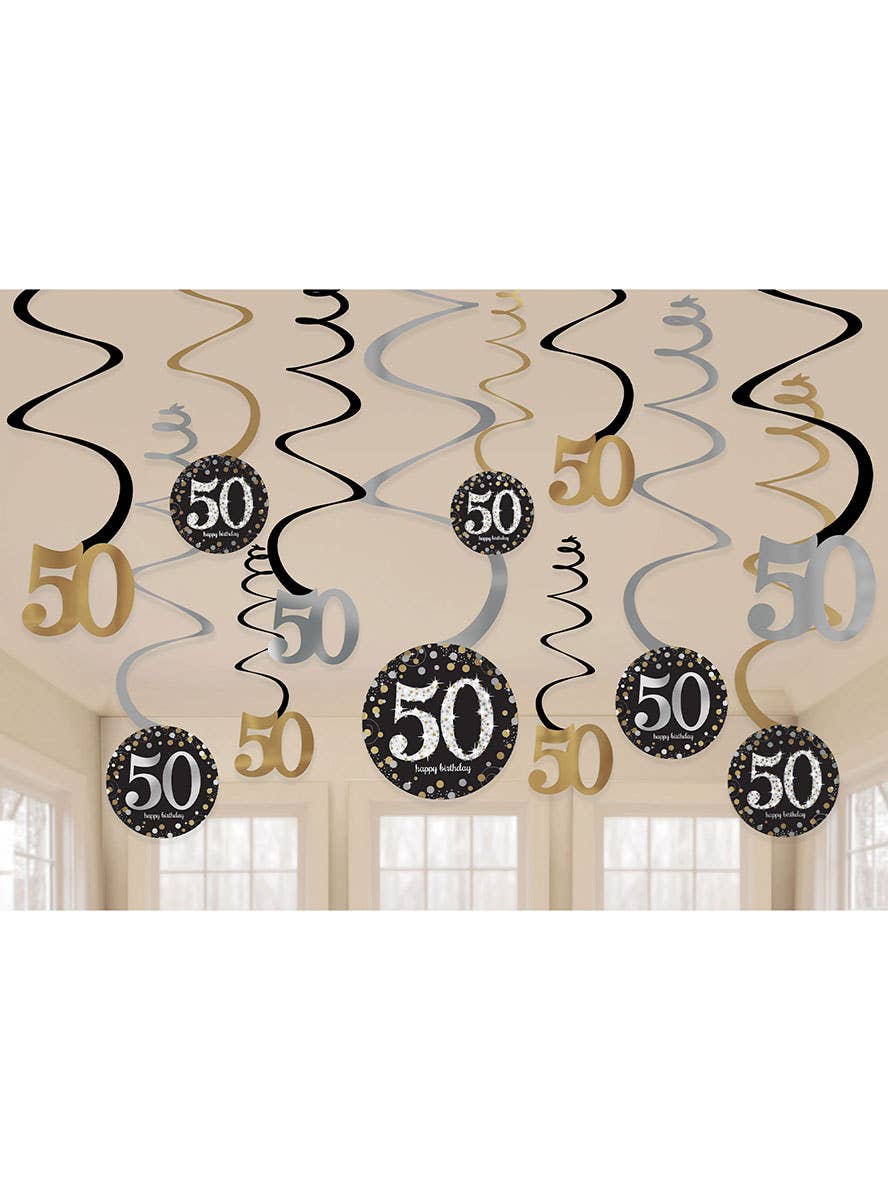 Image of 50th Birthday Black and Gold Hanging Spirals Decoration