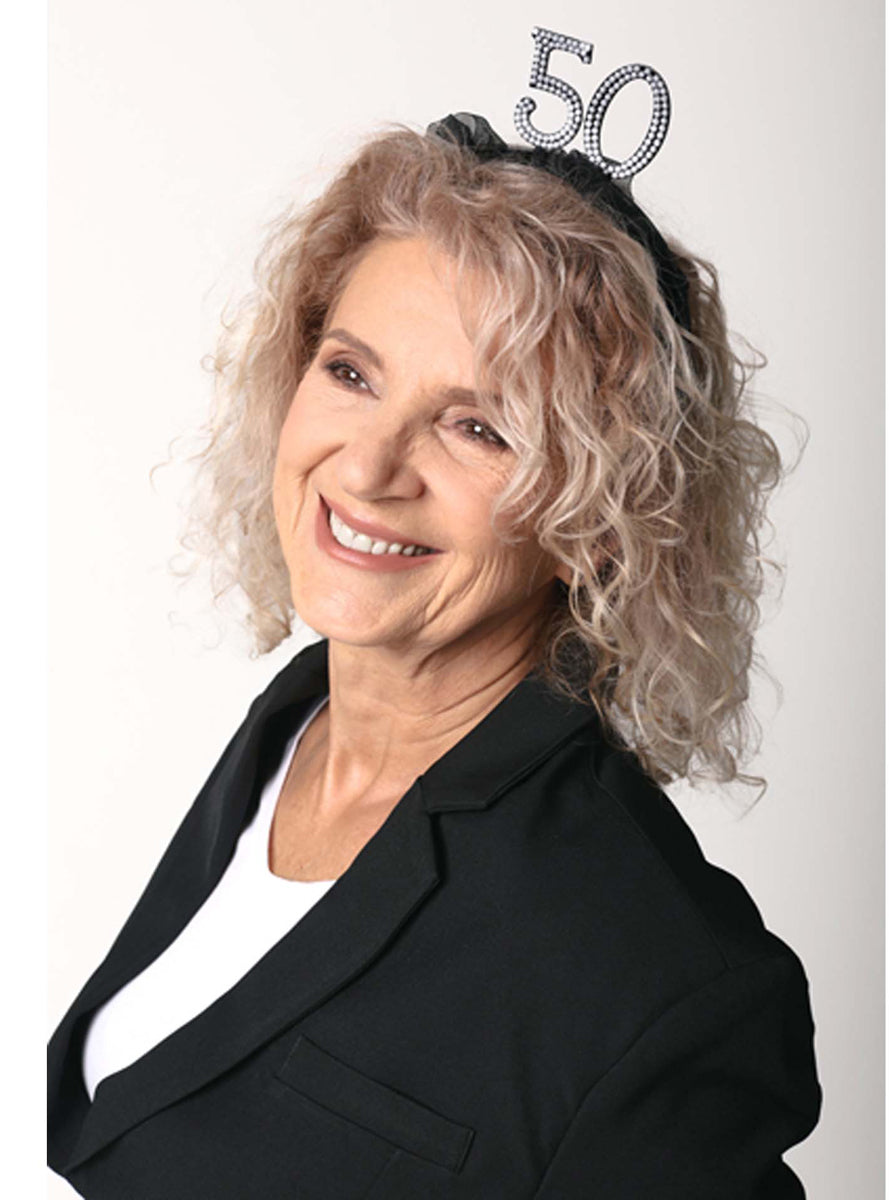 50th Birthday Black Headband With Pearls And Ruffles — Lifestyle Image