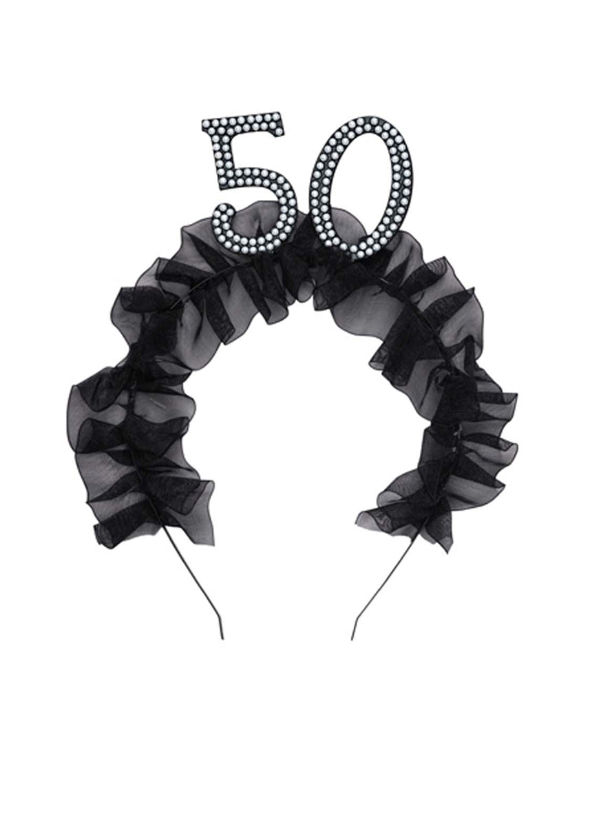 50th Birthday Black Headband With Pearls And Ruffles — Main Image