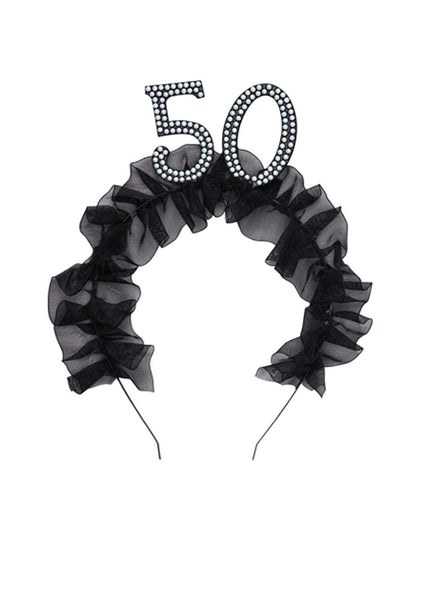50th Birthday Black Headband With Pearls And Ruffles — Main Image