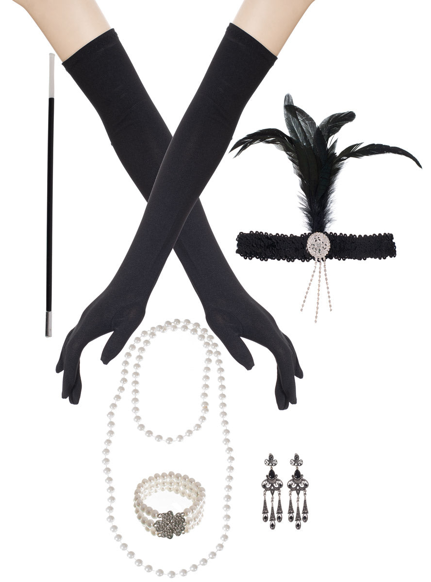 Image of Gatsby 6 Piece Black 1920s Costume Accessory Set