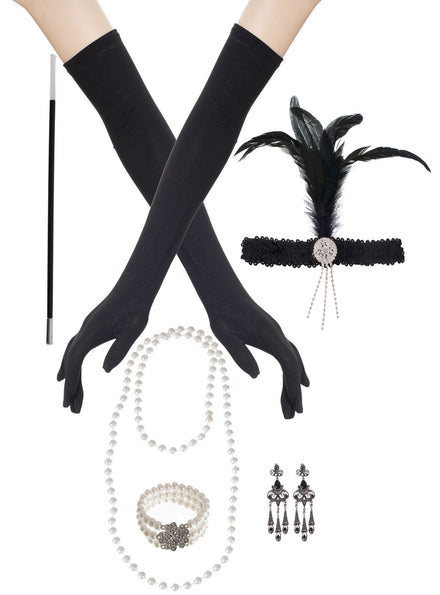 Image of Gatsby 6 Piece Black 1920s Costume Accessory Set
