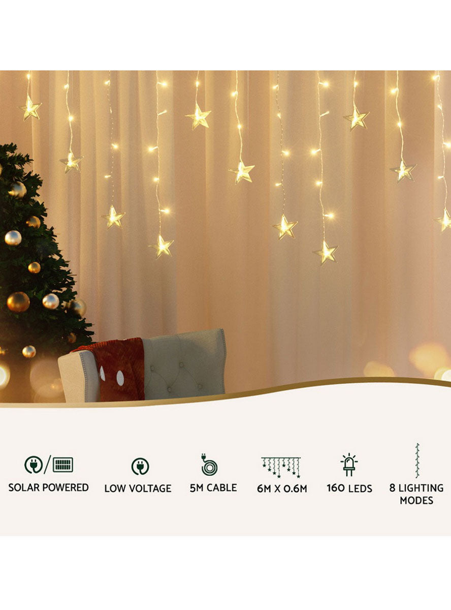 Warm White Solar Power Star Icicle Christmas Lights 6 Metre 160 LED Information Image