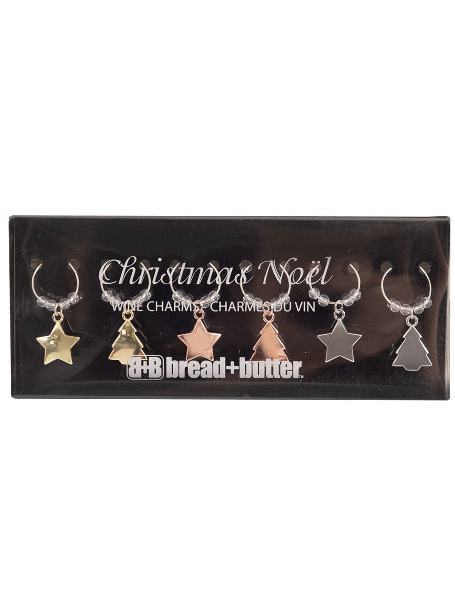 Assorted Metal Colours Christmas Trees And Stars Wine Glass Charms 6 Pack