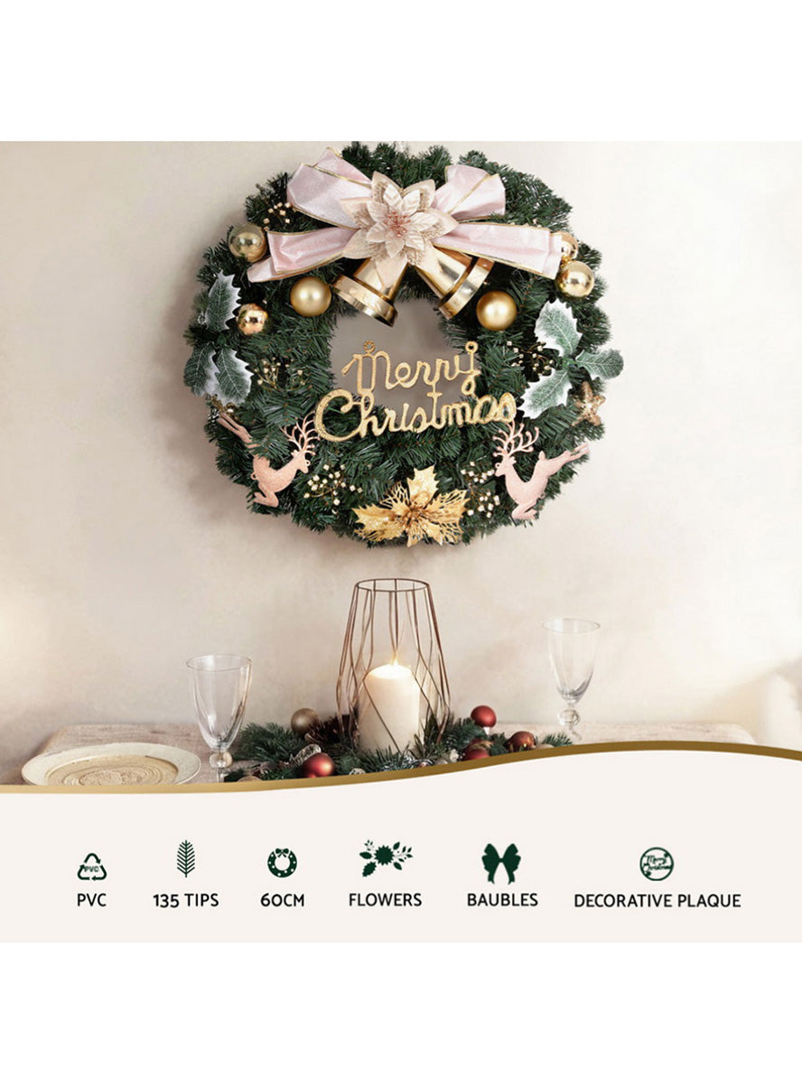 Jingle Jollys Christmas Wreath with Flowers and Baubles Decoration 60cm - Details Image