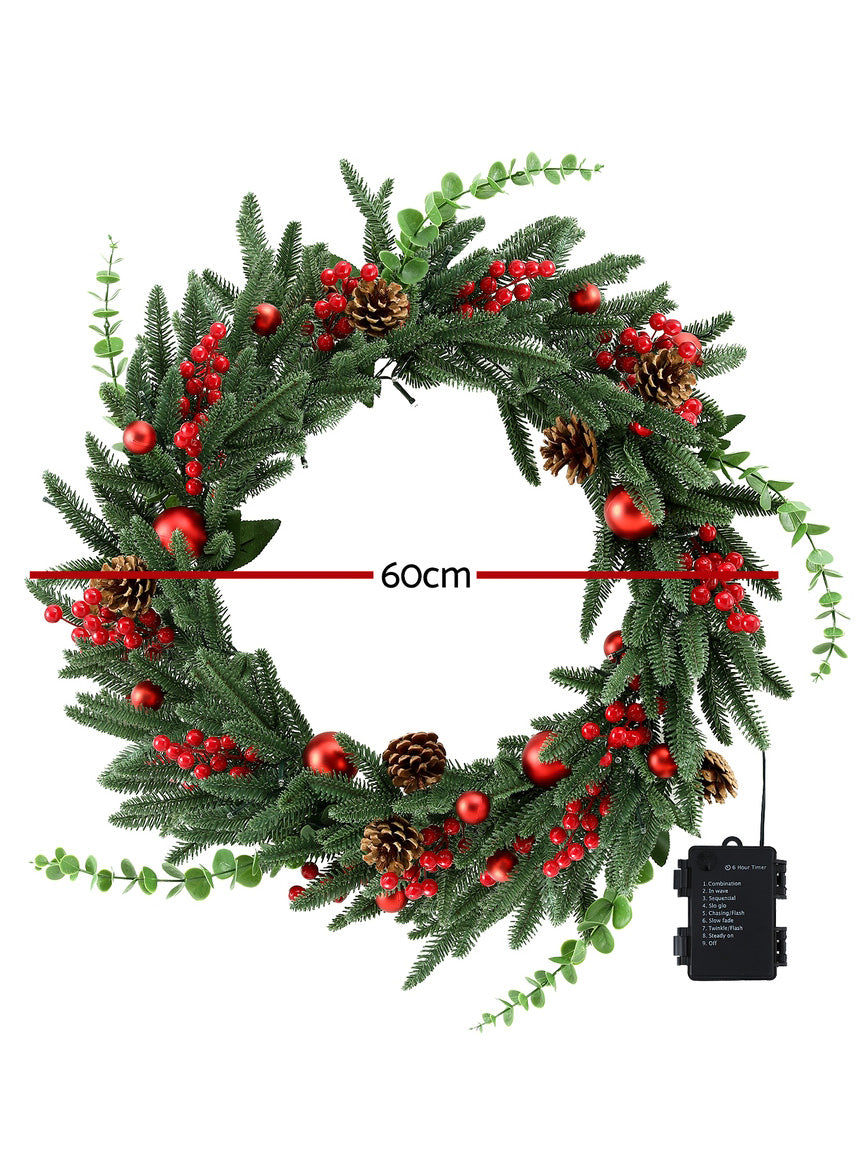 Light Up Berries and Pine Cone Christmas Wreath Decoration 60cm - Dimensions Image 1