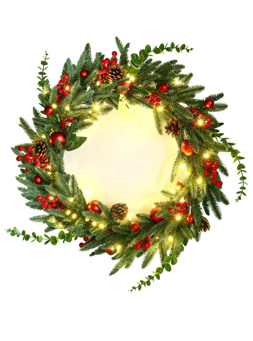 Light Up Berries and Pine Cone Christmas Wreath Decoration 60cm - Main Image
