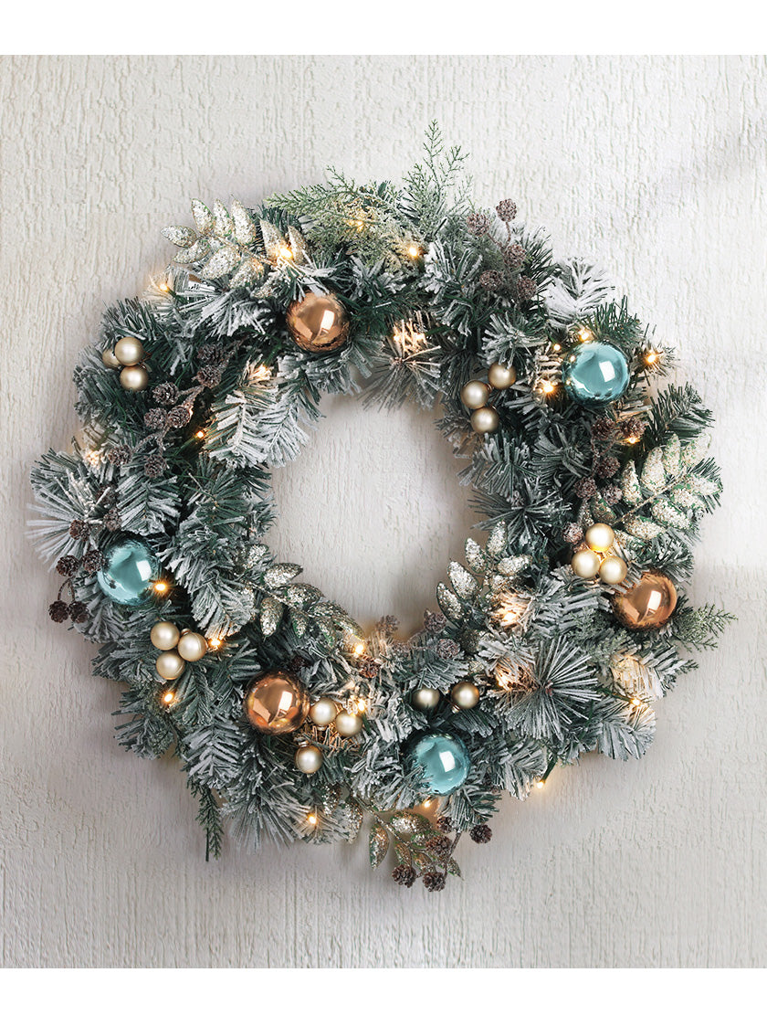 Snowy Christmas Wreath with Lights and Baubles 60cm - Alternate Image