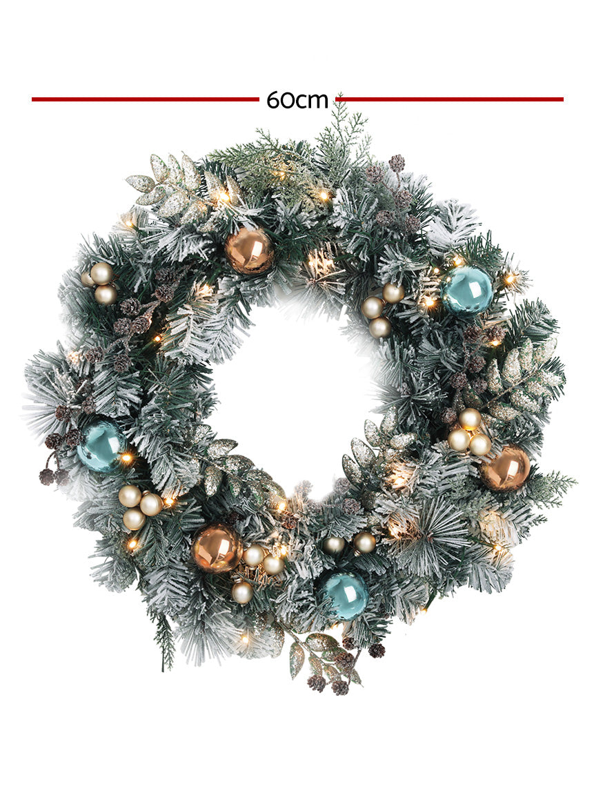 Snowy Christmas Wreath with Lights and Baubles 60cm - Dimensions Image 1