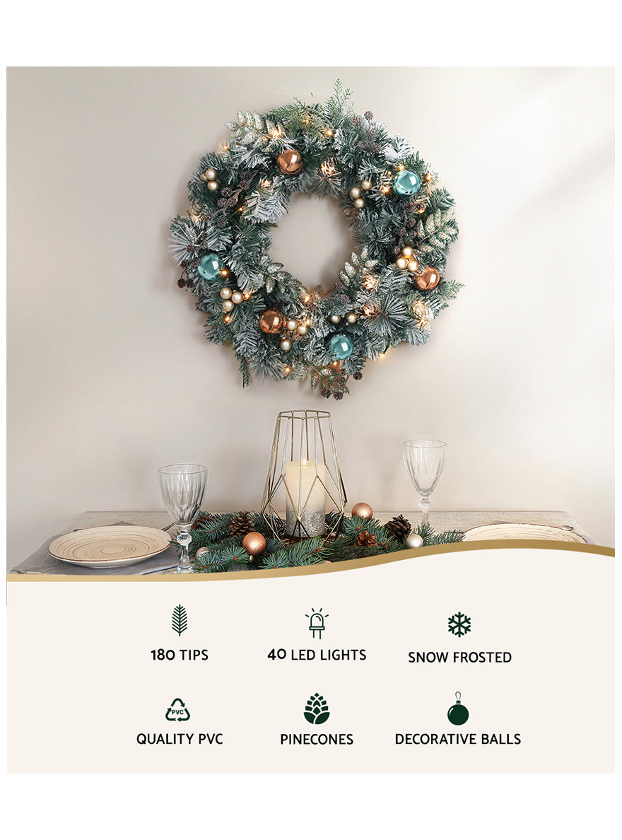 Snowy Christmas Wreath with Lights and Baubles 60cm - Information Image 1