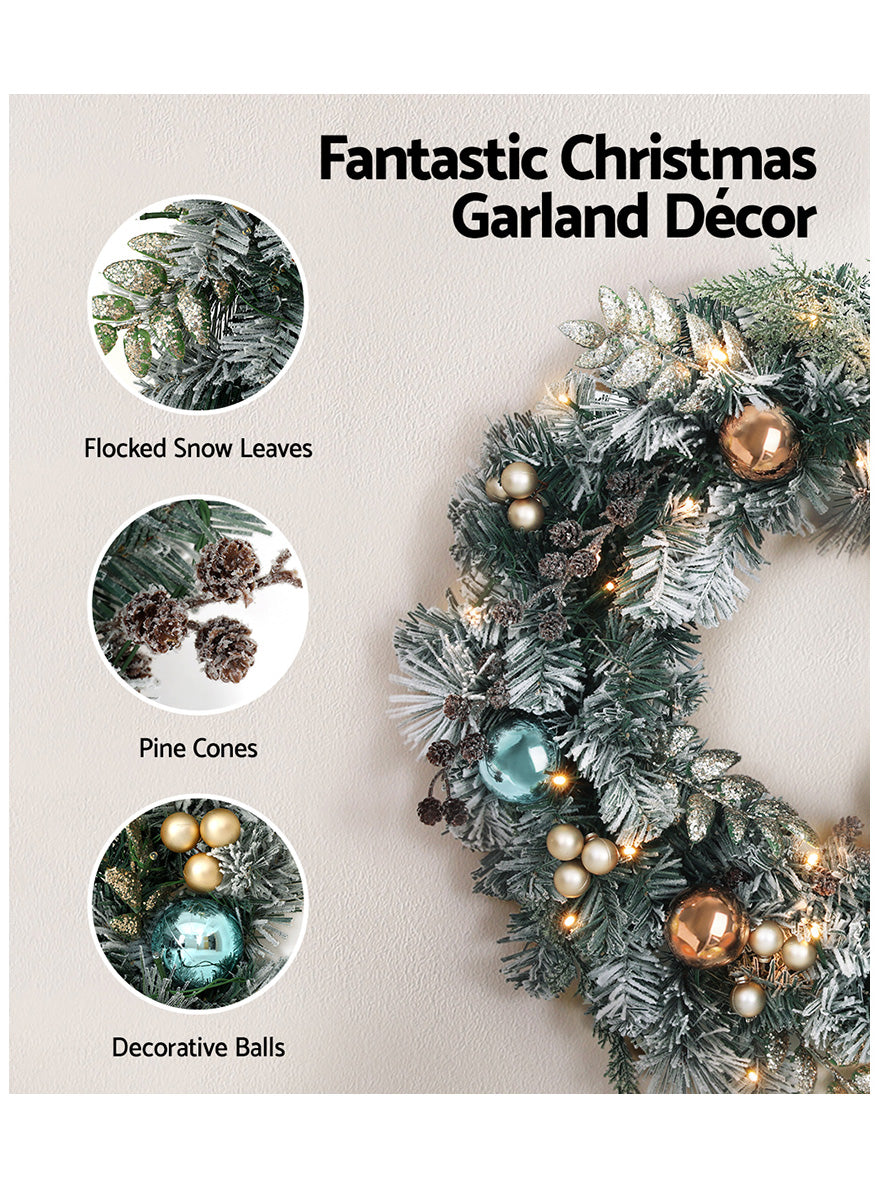 Snowy Christmas Wreath with Lights and Baubles 60cm - Information Image 2