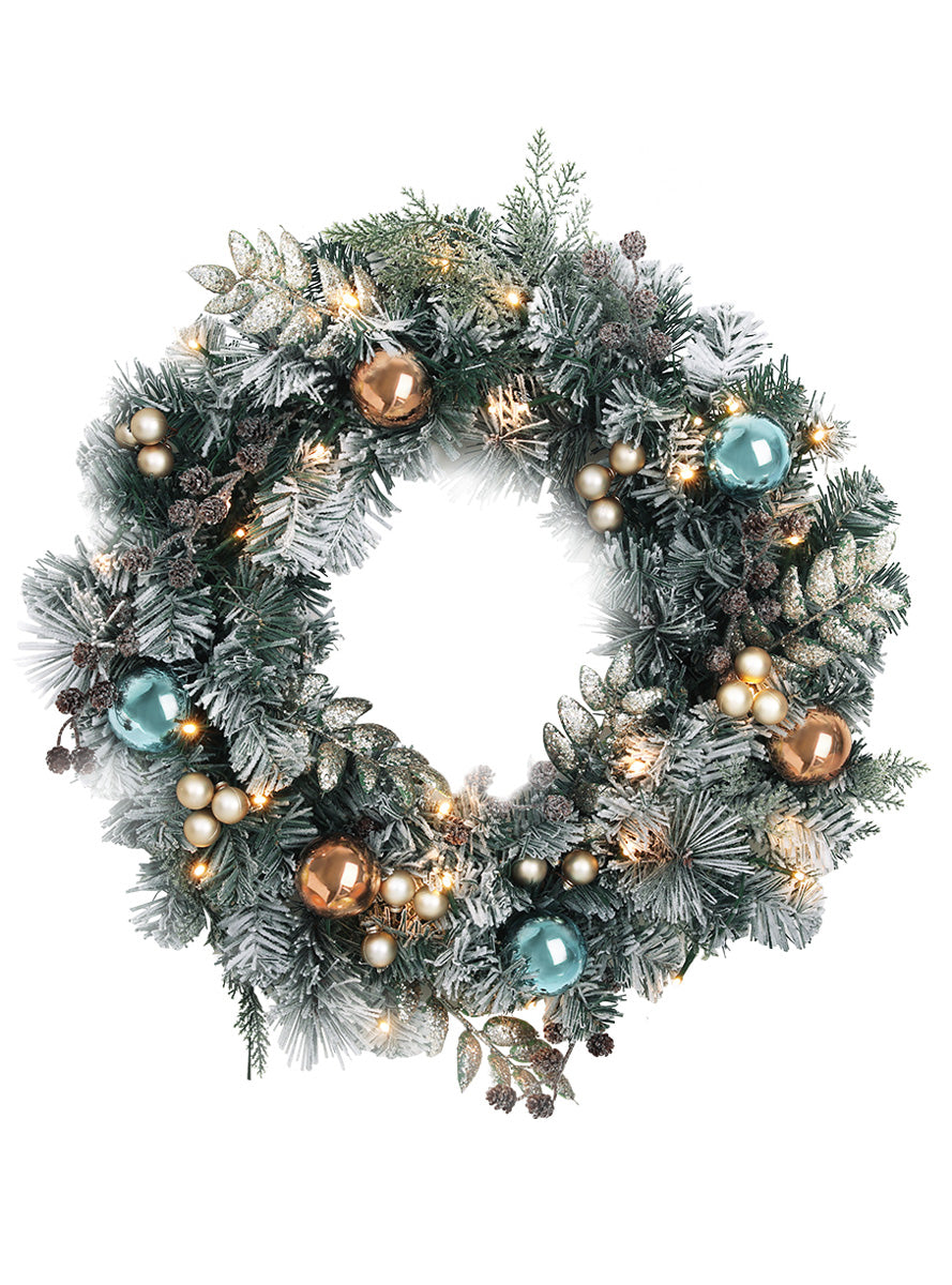Snowy Christmas Wreath with Lights and Baubles 60cm - Main Image