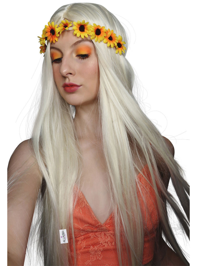 60s Hippie Adults Wavy Brown Costume Wig with Red Headband - Main Image