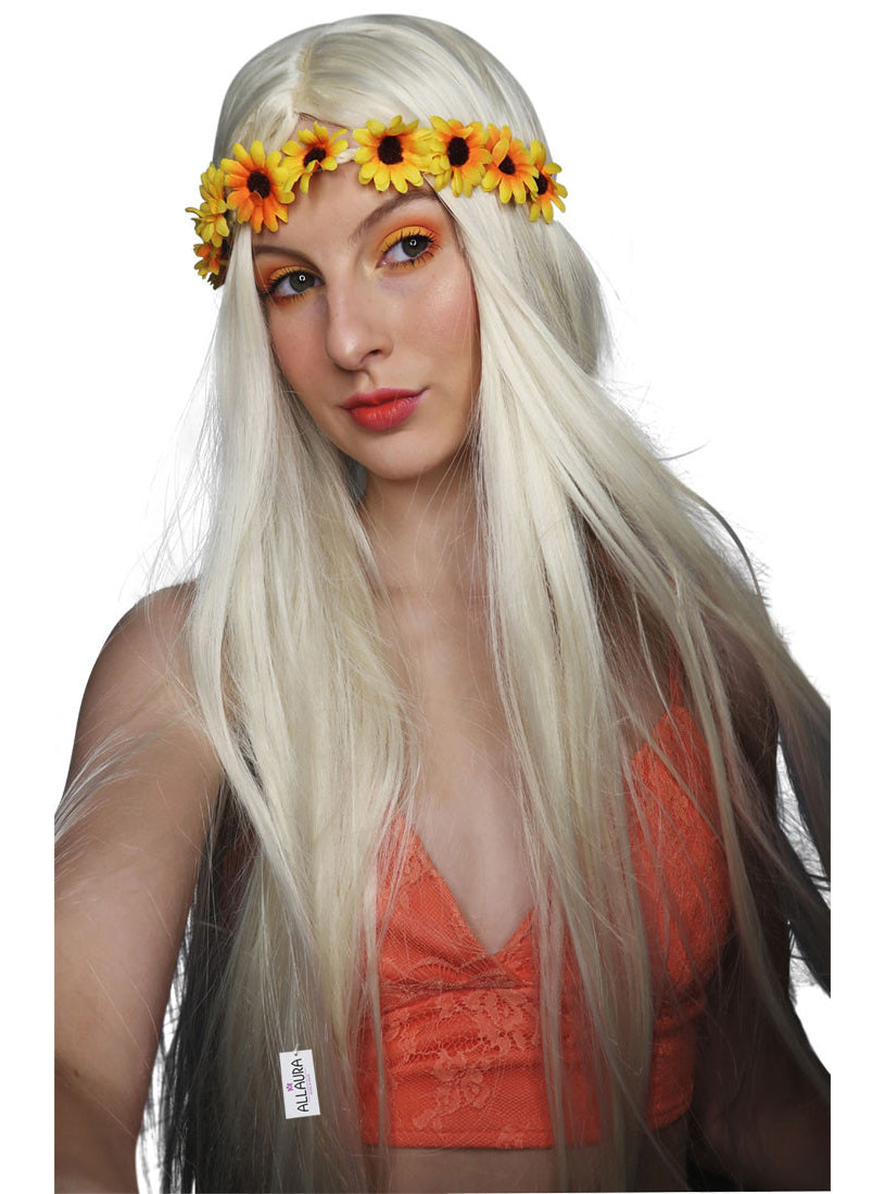 60s Hippie Womens Long Blonde Costume Wig with Sunflower Crown - Alternative Image 1