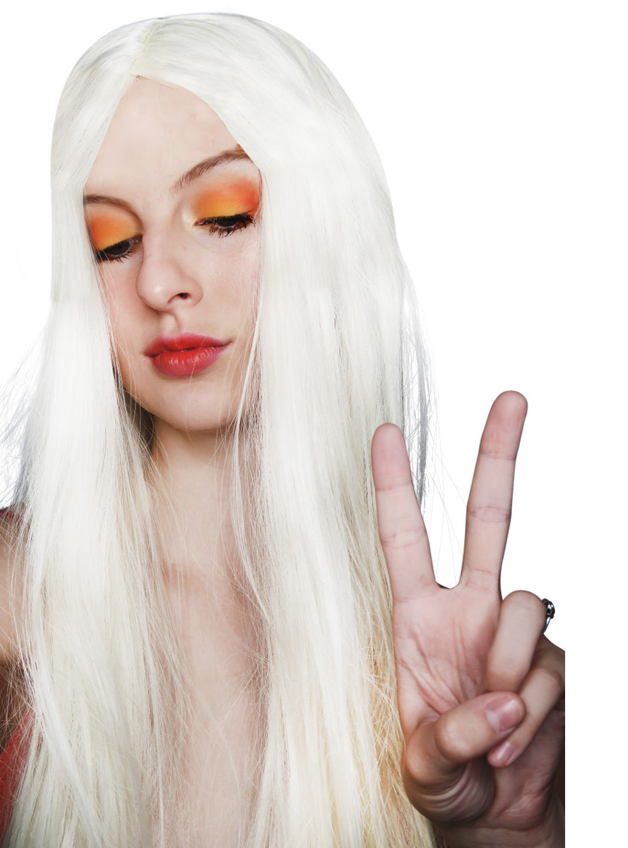 60s Hippie Womens Long Blonde Costume Wig with Sunflower Crown - Alternative Image 2