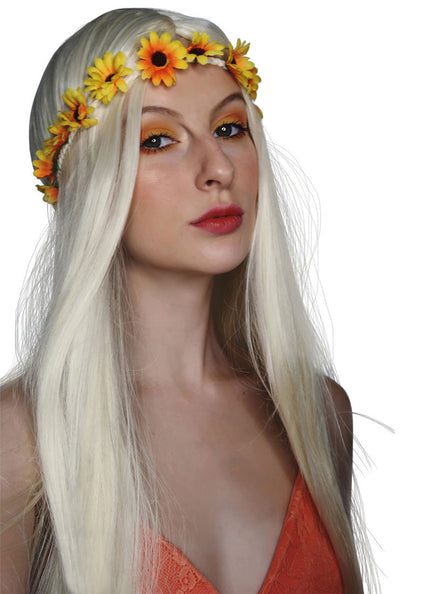 60s Hippie Womens Long Blonde Costume Wig with Sunflower Crown - Close Image