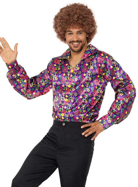 Mens Psychedelic Print 1960s Hippie Disco Costume Shirt