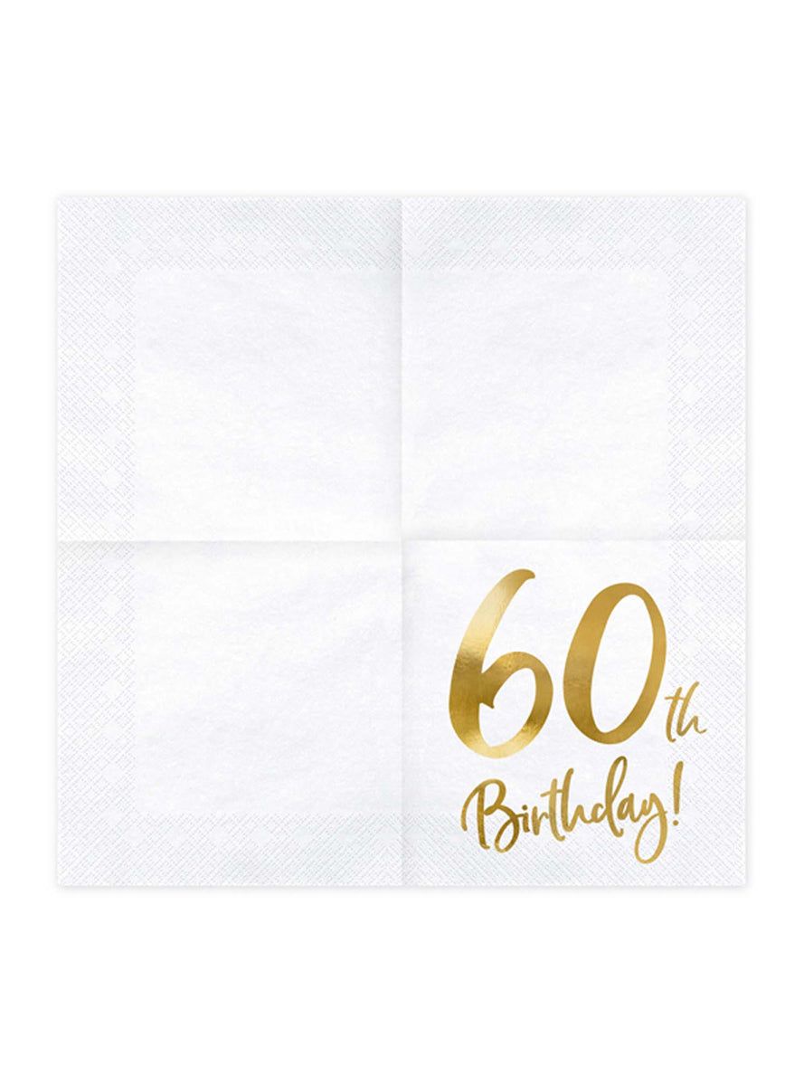 60th Birthday 20 Pack Gold Foil Lunch Napkins — Unfolded Image