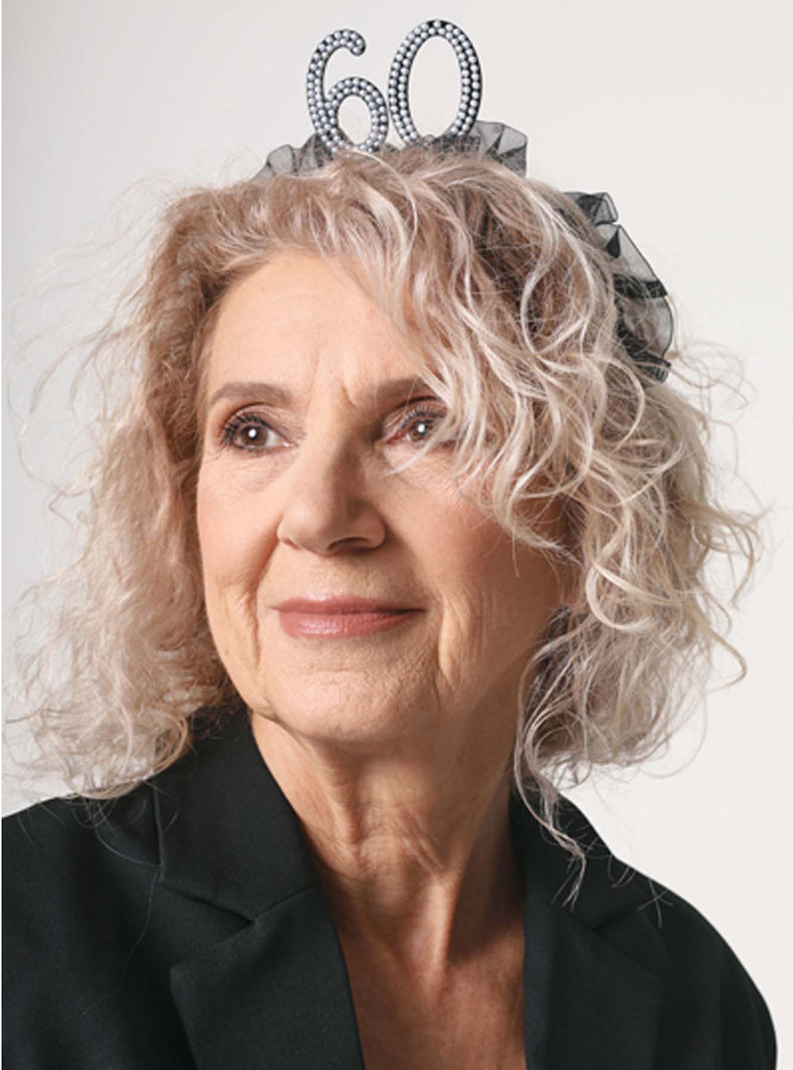 60th Birthday Black Headband With Pearls And Ruffles — Lifestyle Image 1