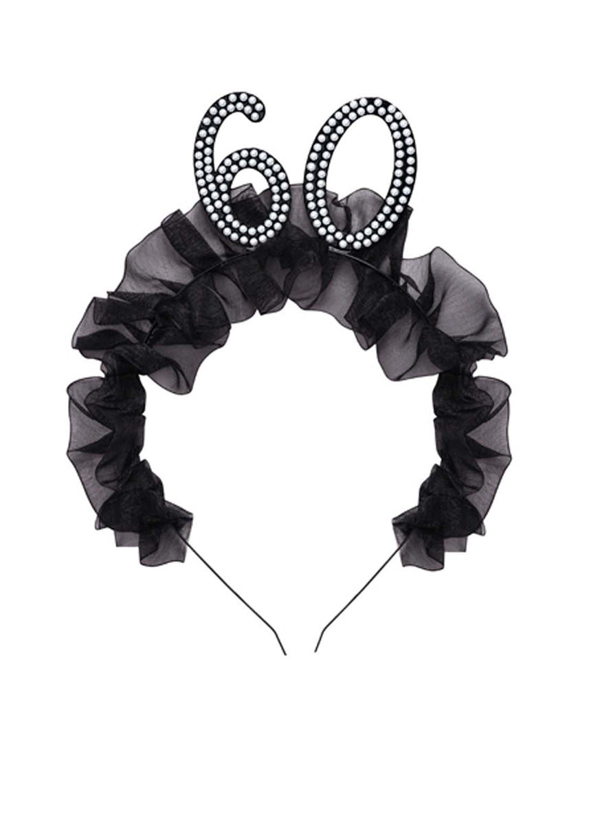 60th Birthday Black Headband With Pearls And Ruffles — Main Image